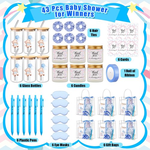 Reallnaive 43 Pcs Baby Shower Prizes for Player Winner Wedding Bridal Shower Favor Gifts Including Glass Cups Aromatherapy Candle Eye Mask Hair Band Greeting Card Pen Ribbon Gift Bag(Bear Style,Blue)