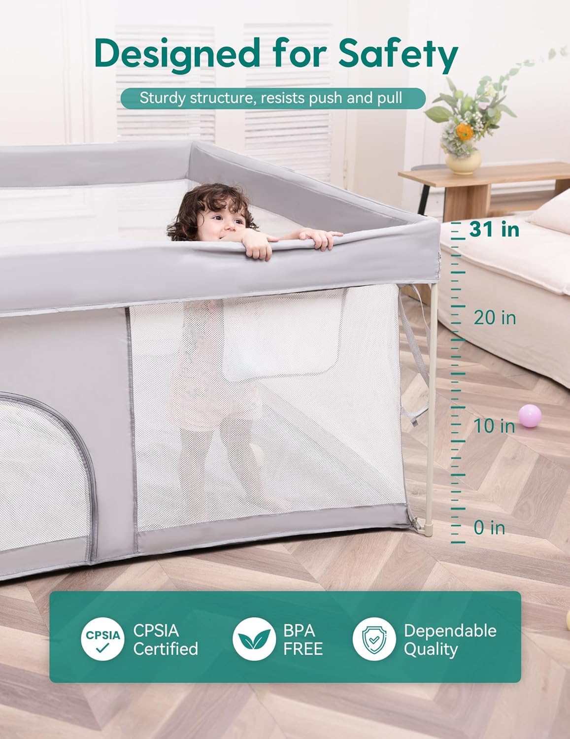 Babelio Foldable Baby Playpen - Portable 54.5" x 54.5" Playard with Mat | Indoor & Outdoor Safety Fence, Grey