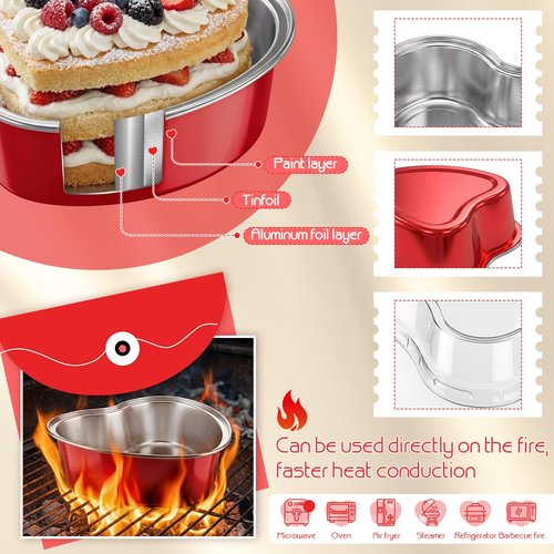 Blushtier 120 Set 3.4 oz Heart Shaped Cake Pans with Lids Spoons for Baking Aluminum Foil Cupcake Cups Disposable Mini Plastic Spoons Heart Containers for Valentine's Day Wedding Birthday Party (Red)