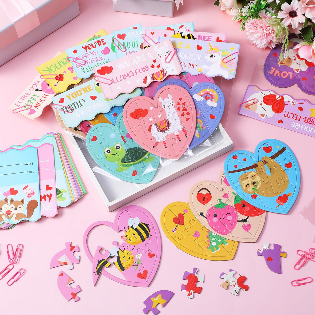 Seenelling 36 Sets Valentines Gifts for Kids Classroom Exchange, Animal Heart Puzzles with Cards, Clear Gift Bags & Clip, Cute Classroom Bulk Valentine Party Favors for Boys Girls School Gift Exchange