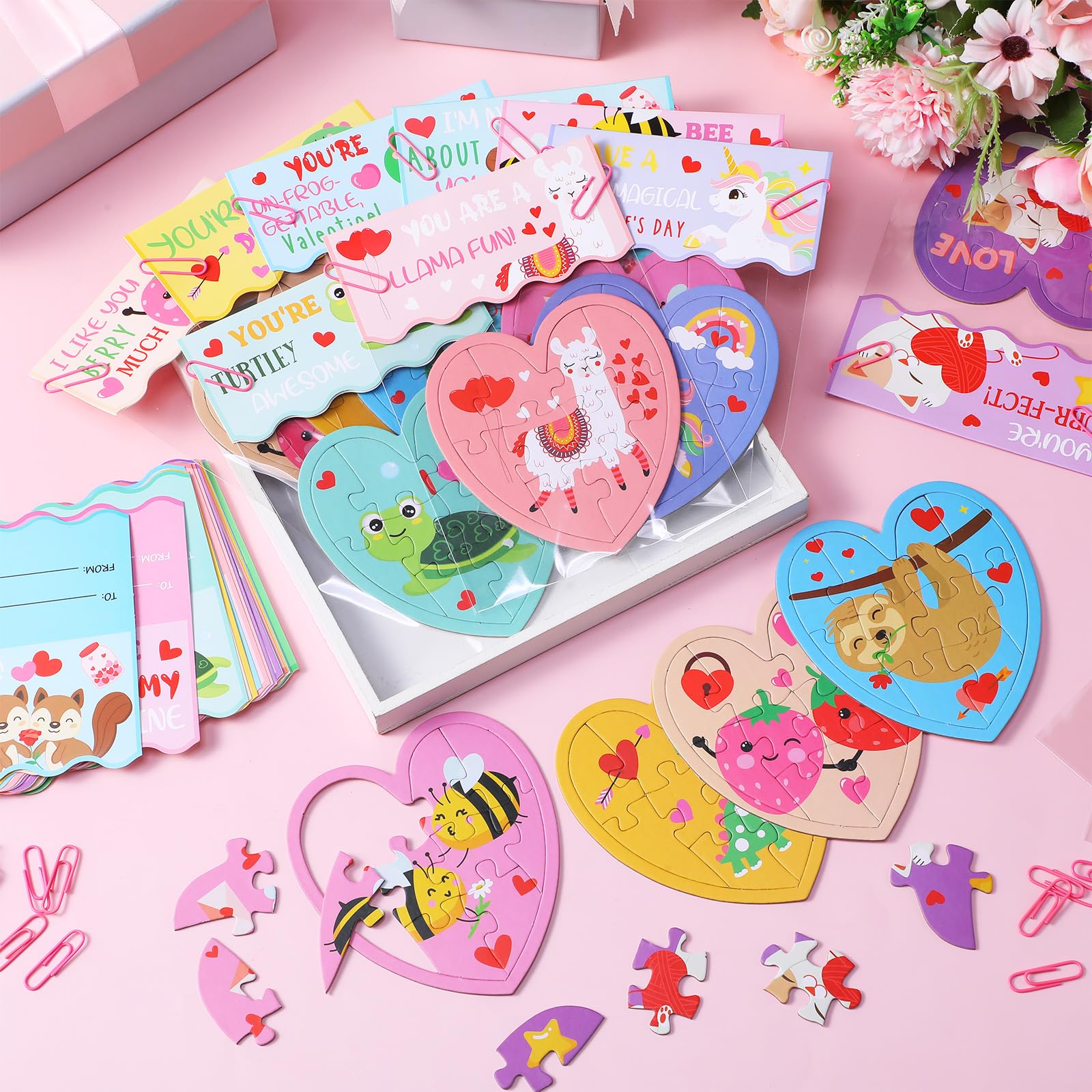 Seenelling 36 Sets Valentines Gifts for Kids Classroom Exchange, Animal Heart Puzzles with Cards, Clear Gift Bags & Clip, Cute Classroom Bulk Valentine Party Favors for Boys Girls School Gift Exchange
