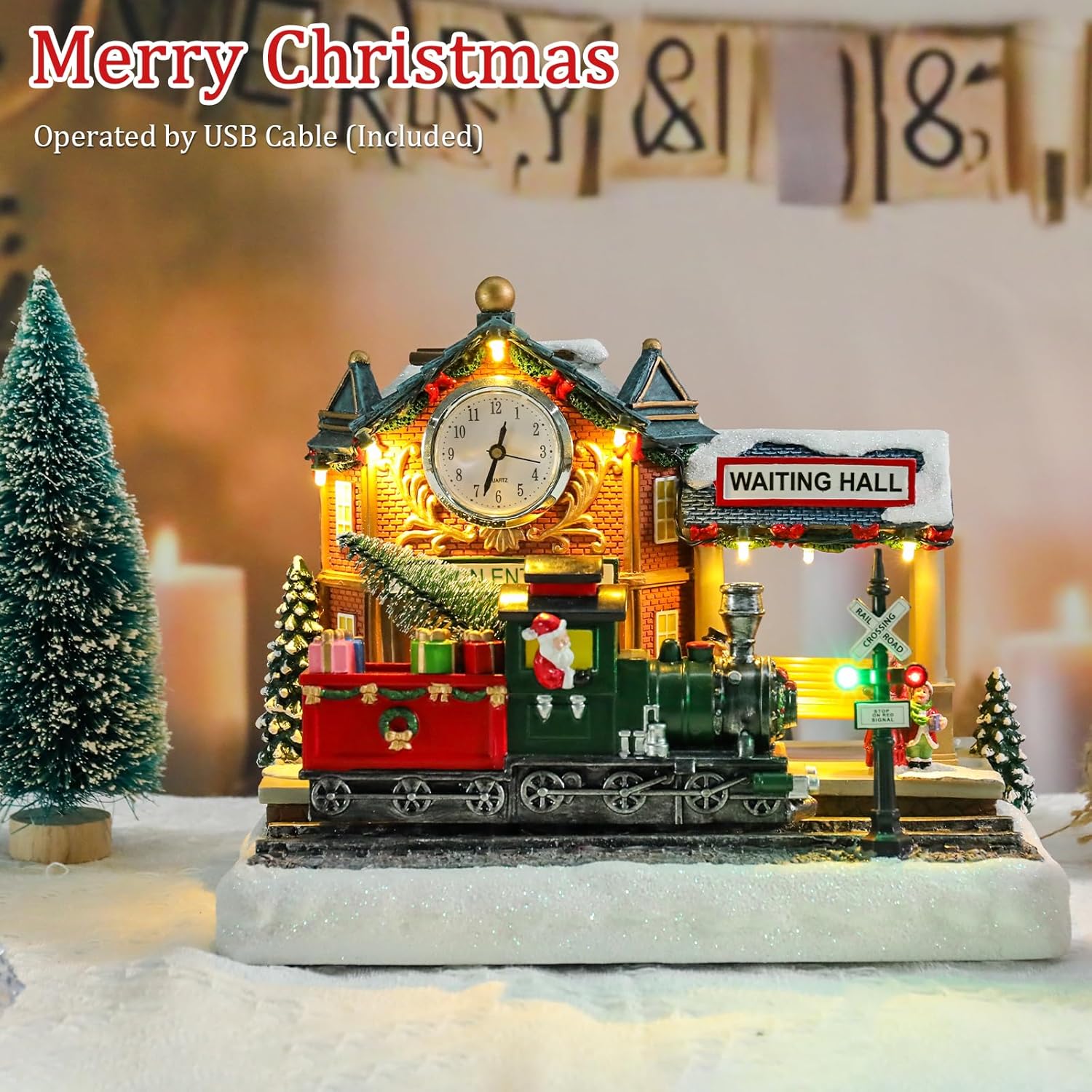 VCUTEKA Animated Christmas Village Train Station - Lighted Musical Santa Display for Holiday Décor