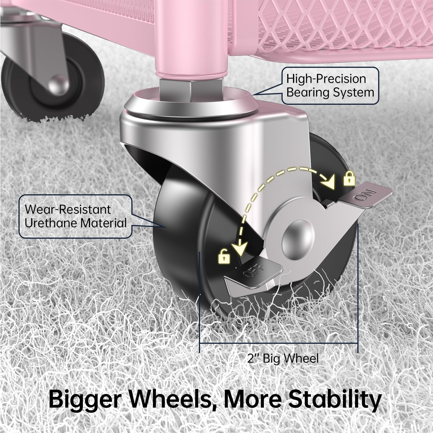 YASONIC 3-Tier Rolling Cart - Metal Utility Storage with Wheels, Craft Organizer, Pink