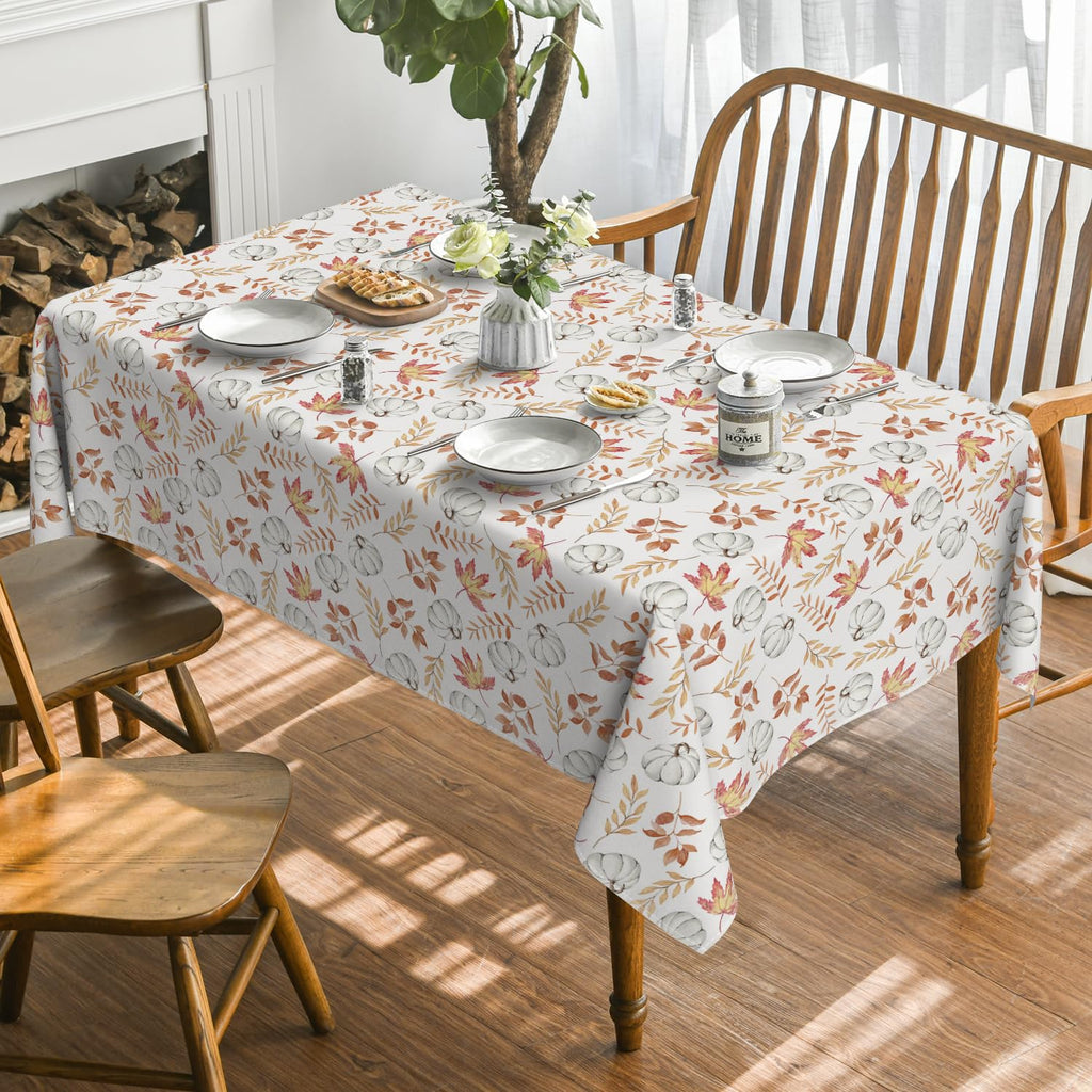 Horaldaily Fall Tablecloth 60x104 Inch, Thanksgiving Autumn Harvest White Pumpkin Orange Leaf Table Cover for Party Picnic Dinner Decor