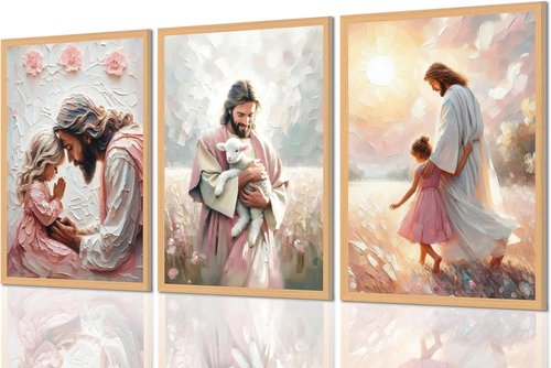 Jesus Little Girl Poster Art - Canvas Print of Jesus Holding Lamb | Unframed Wall Decor for Children's Room