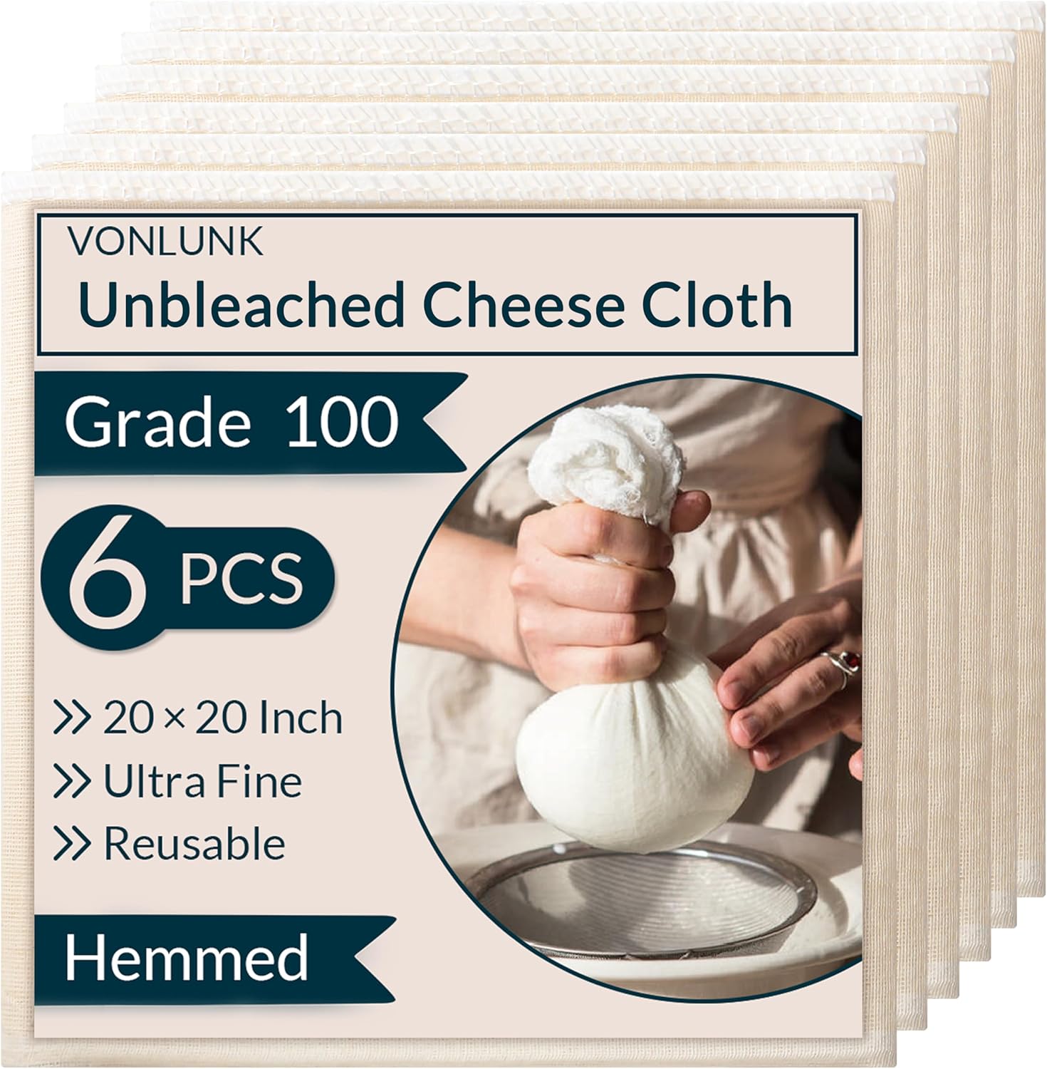 Skiennix 6-Pack Beige Cheesecloth - 20x20 Inch Reusable Unbleached Cotton Strainer for Cooking & Baking