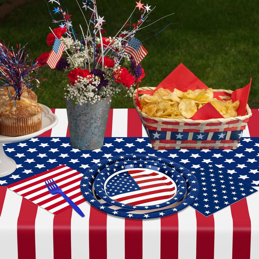 QZYL 122 PCS 4th of July Decorations - Patriotic Plates, Napkins & Tableware Set | American Flags Design