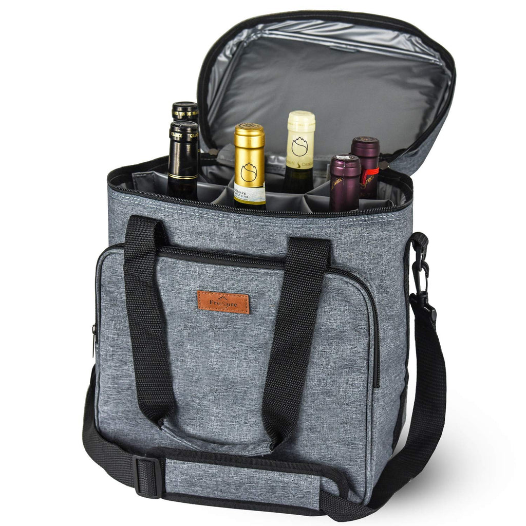 Freshore® Insulated Wine Carrier 6 Bottle Bag Tote Removable Padded Divider Cooler - Portable Travel Carrying Canvas Case Adjustable Shoulder Strap - (Space Grey)