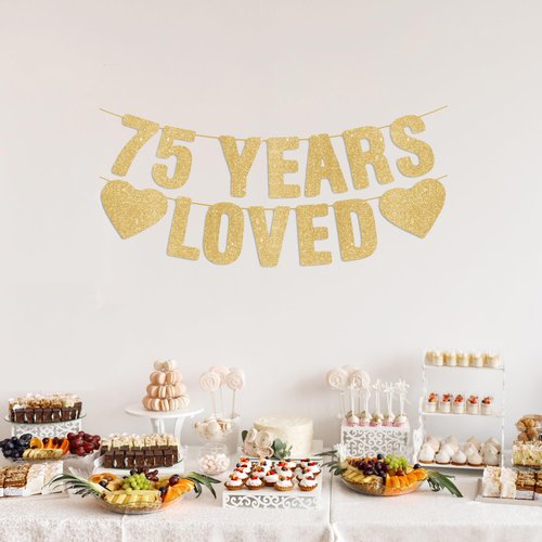 Pre-Strung 75th Birthday Banner - Gold Glitter, Happy 75th Birthday Party Decorations for Women & Men, 75 Year Old Anniversary Decor Bday Sign Gifts