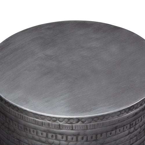 SIMPLIHOME Johnsen Metal Table - 15 inch Wide Solid Iron Drum Accent Table in Antique Silver with Tribal Pattern, Round Boho End Table for Living Room, Bedroom, or Home Office, Fully Assembled