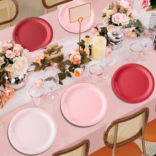 AimFun 48 Pcs Red Pink Paper Plates Valentines Day Gradient Color Party Plates 7 Inch Disposable Round Dessert Cake Plates for Baby Bridal Shower Birthday Mother's Day Party Supplies