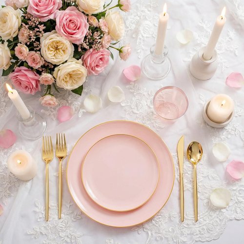 MirthMood 350PCS Pink Plastic Plates with Gold Rim – Plastic Plates Set Includes 50 Dinner,50 Dessert Plate,50 Cup&50 Napkins 150 Gold Silverware for Wedding&Birthday Parties&Valentine's Day