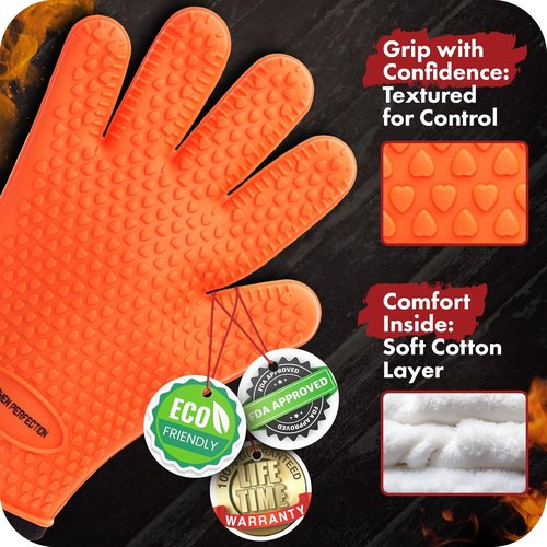 KITCHEN PERFECTION Silicone Smoker Oven Gloves - Extreme Heat Resistant BBQ Mitts | Waterproof & Versatile | Bonus Set Included