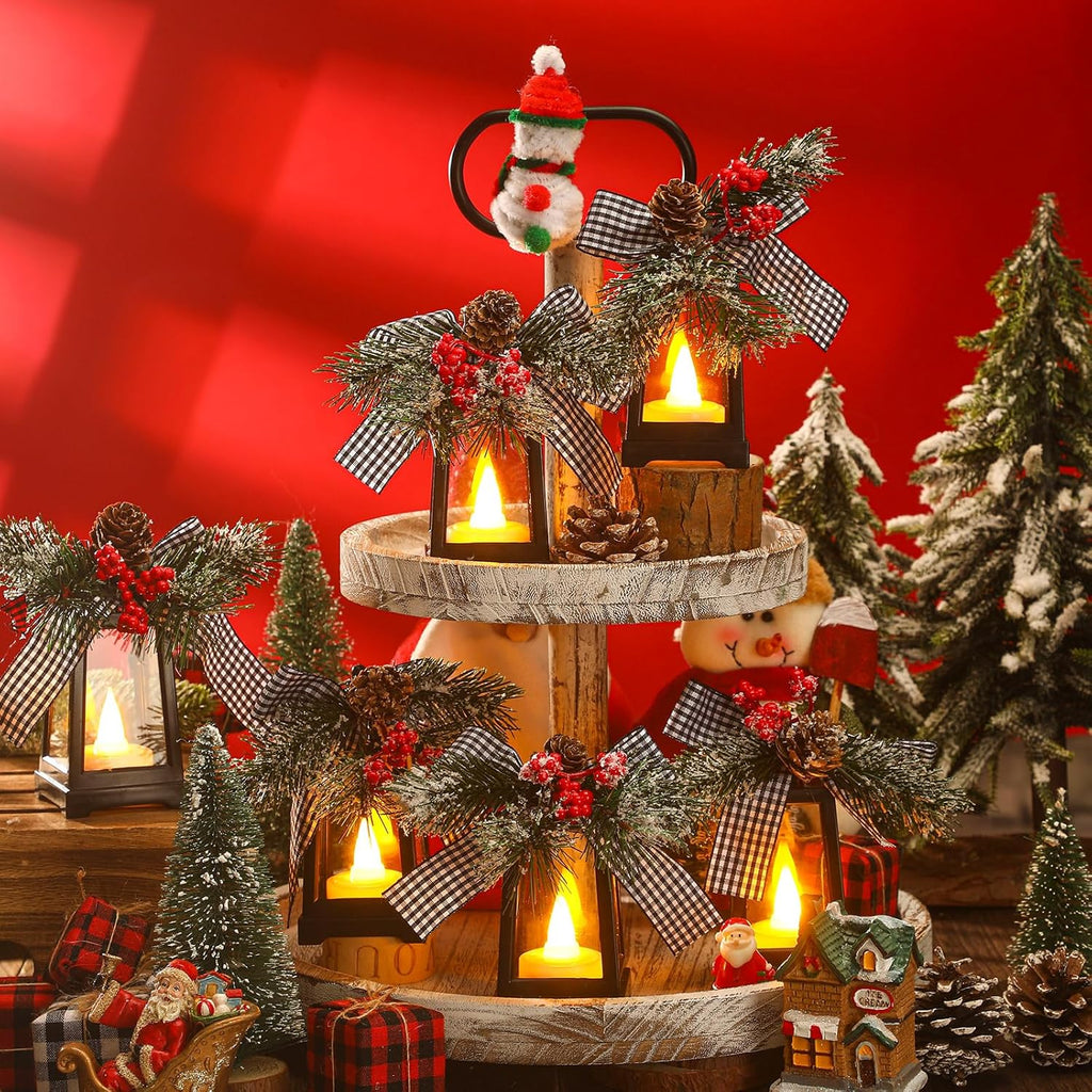 Regine Switzerland Christmas Mini Lanterns - Set of 6 Decorative LED Hanging Lights | Buffalo Plaid Bow, Battery Included