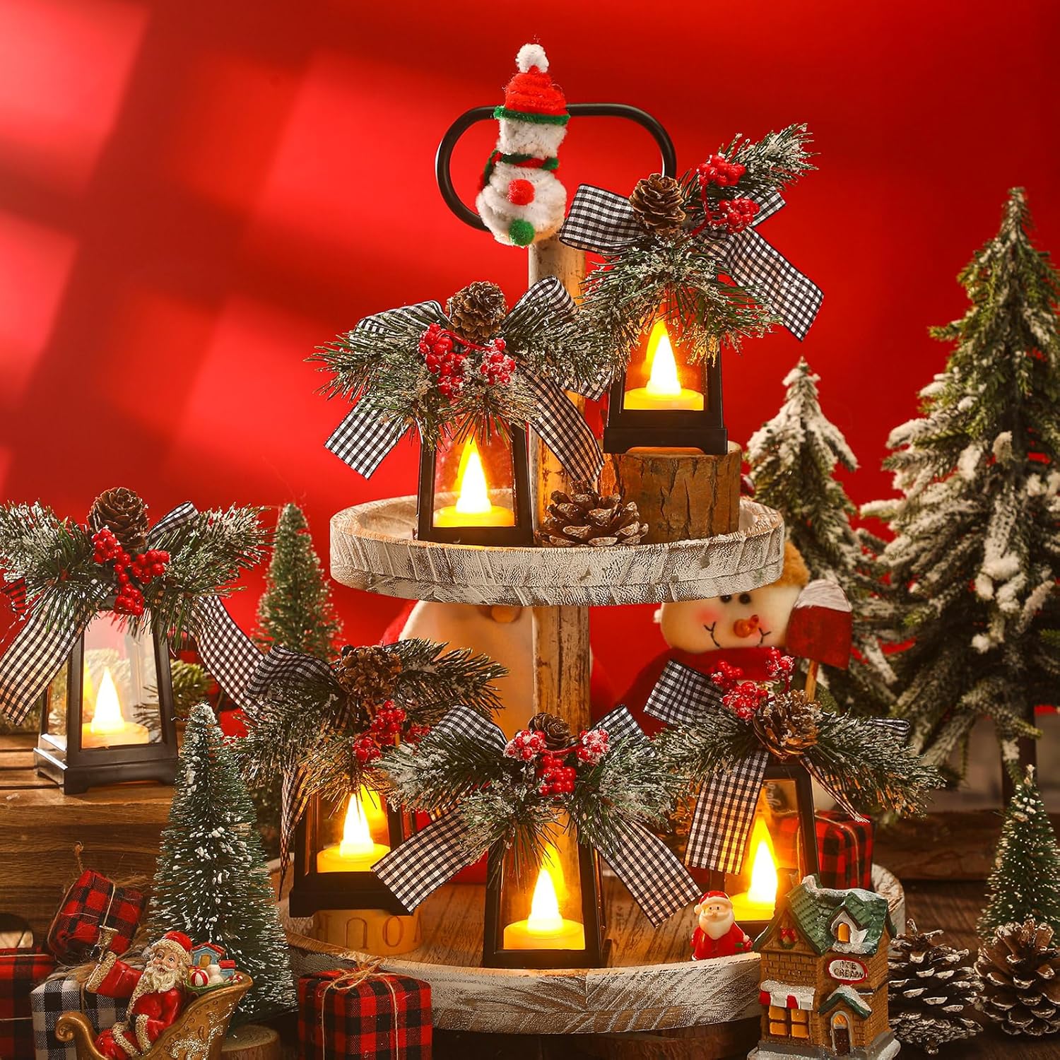 Regine Switzerland Christmas Mini Lanterns - Set of 6 Decorative LED Hanging Lights | Buffalo Plaid Bow, Battery Included