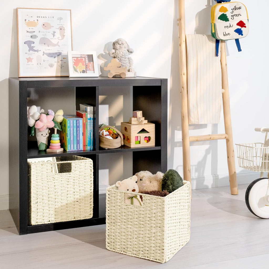 StorageWorks Wicker Baskets - Handwoven Storage Cubes with Handles, Foldable Beige Paper Rope, 2 Pack