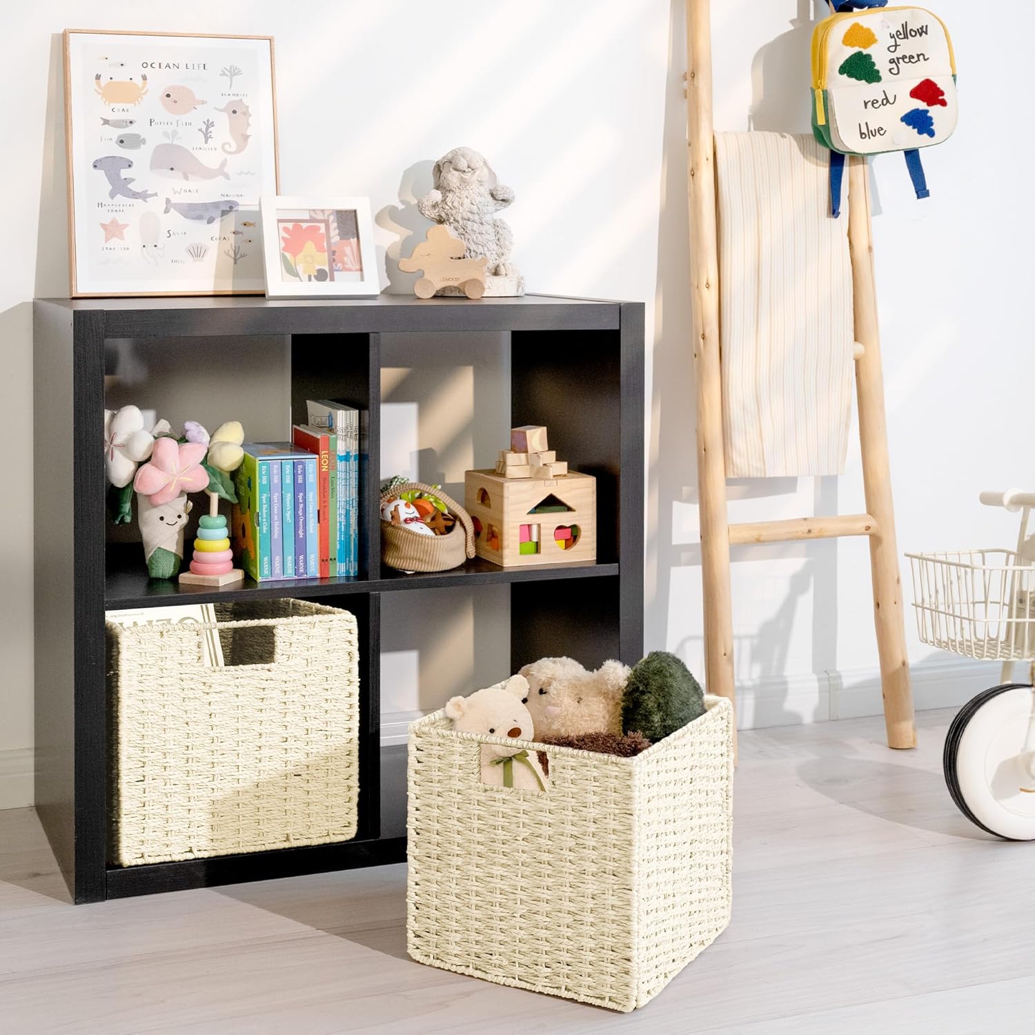 StorageWorks Wicker Baskets - Handwoven Storage Cubes with Handles, Foldable Beige Paper Rope, 2 Pack