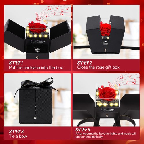 Pasuvsigt Valentines Day Rose Gifts for Her, Preserved Real Rose with I Love You Heart 100-Language Necklace, LED Lights & Music Box, Anniversary Birthday Valentines Gifts for Women Girlfriend Mom