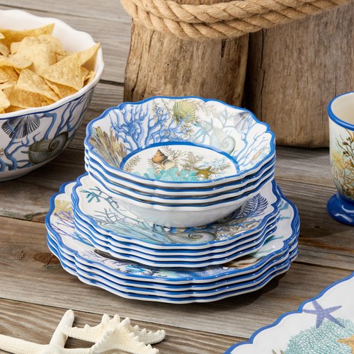 Blue Lagoon Melamine 12-Piece Dinnerware Set – Coastal Coral and Shell Design, Service for 4 – 11" Dinner Plates, 9" Salad Plates, and 28oz Bowls – Durable, Lightweight, BPA-Free, Dishwasher SafE