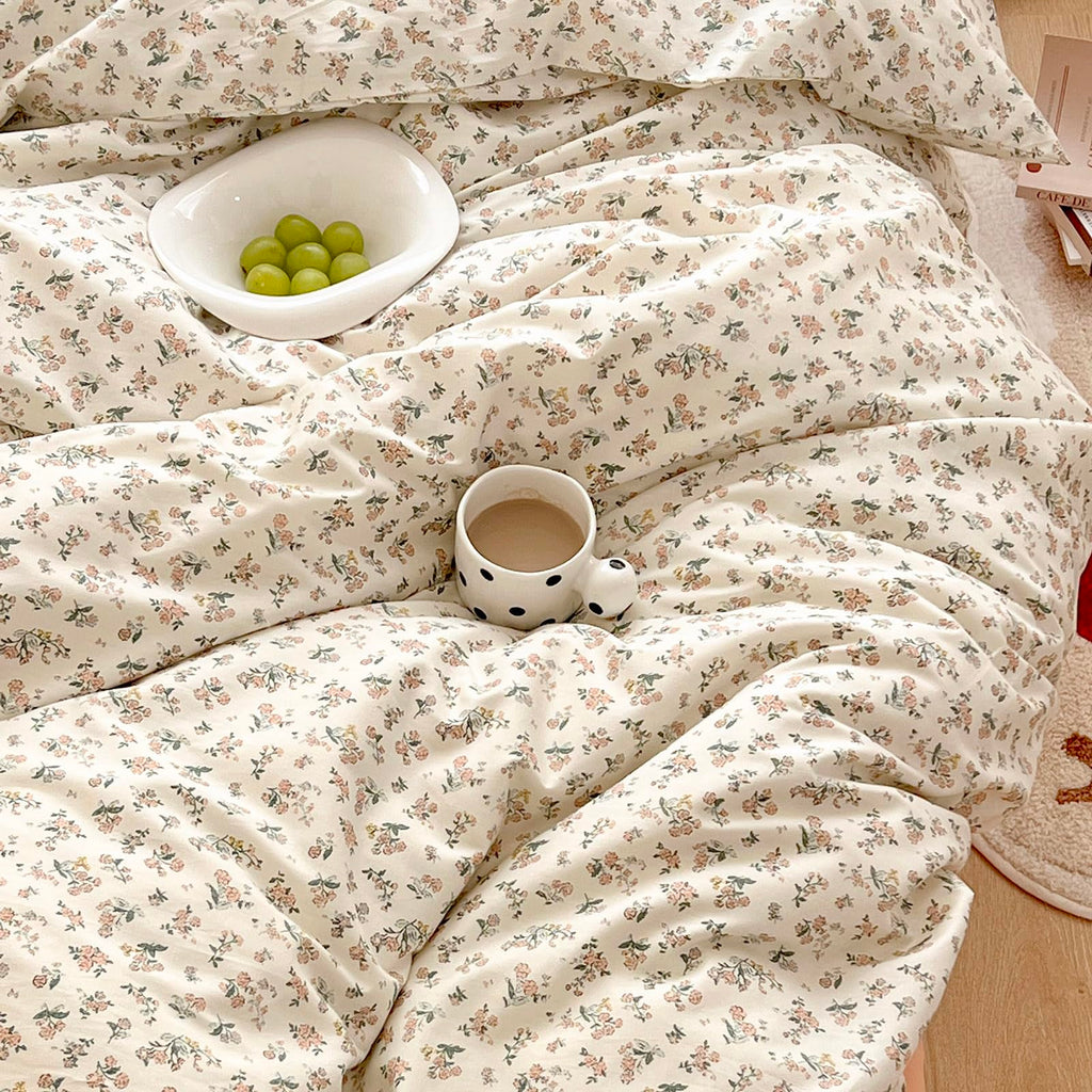 Aesthetic Floral Duvet Cover Twin Cozy Cotton Bedding Set Twin Shabby Chic Green Botanical French Style Duvet Cover Set Off White Comforter Cover with Fresh Flower Pattern, Breathable, Lightweight