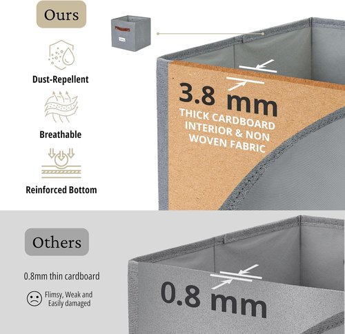 DECOMOMO Storage Bins - Fabric Cube Storage with Labels for Shelves | 11" | 6-Piece Set in Texture Grey