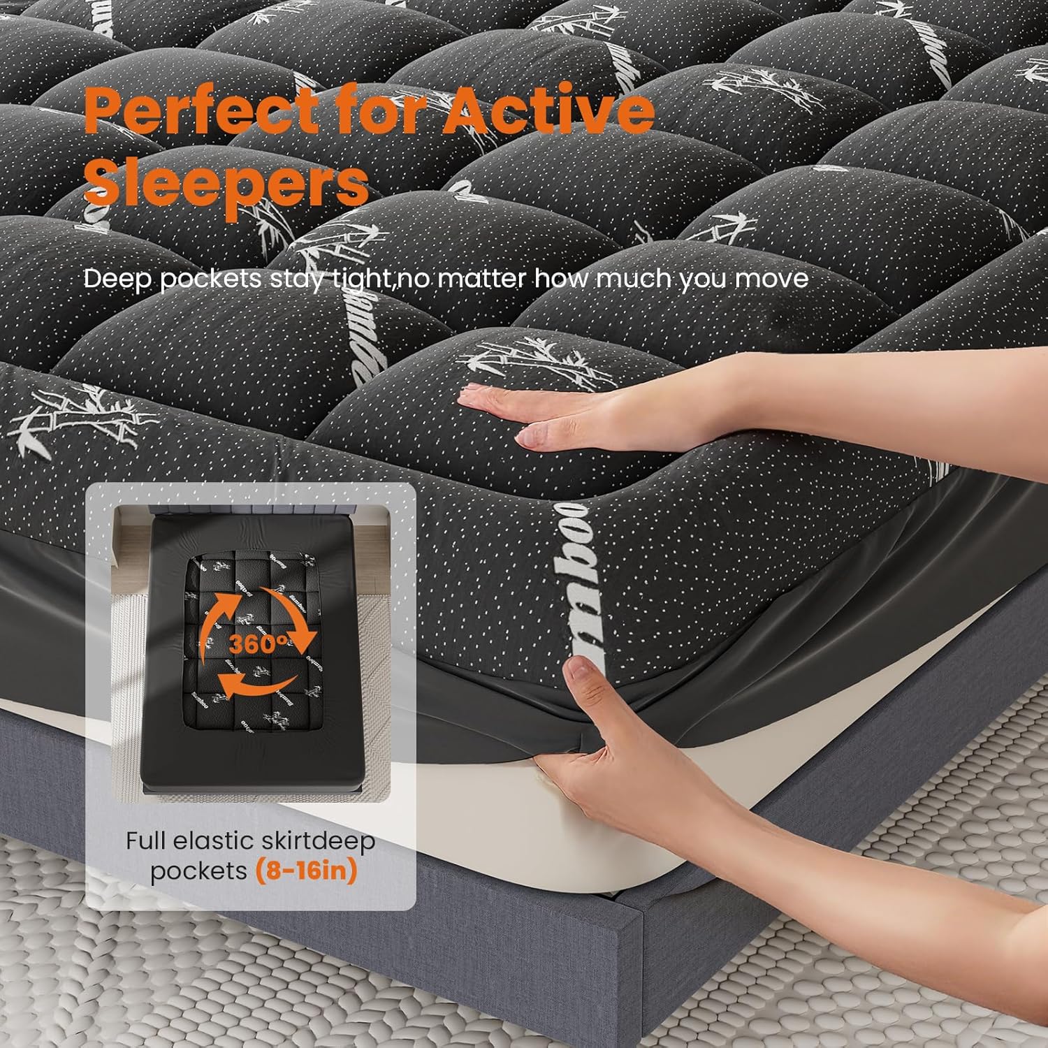 Sweetcrispy Ultra Soft Mattress Topper - Twin Size Bamboo Pillow Top for Cooling & Back Pain Relief | Black