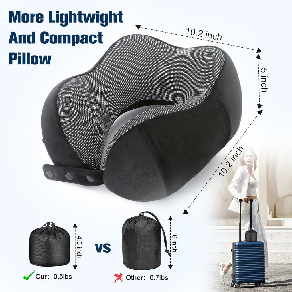 Cirorld Travel Neck Pillow - 100% Pure Memory Foam, Adjustable Comfort with Eye Mask & Earplugs | Portable Travel Accessory