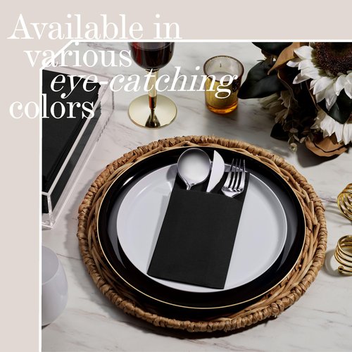 100-Pack Disposable Napkins With Pocket For Flatware, Black Napkins Paper For Wedding, Dinner Or Party, Built-In Pocket For Silverware, Prefolded