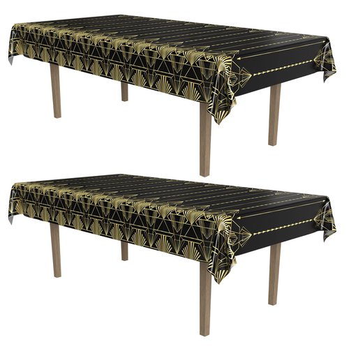Beistle 2-Count Great 1920s Tablecover, Art Deco Decor & Table Decorations for Party, Hollywood Decor, Plastic Black & Gold Plastic Cover, 54" x 108"