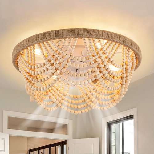 Bella Depot 20" Boho Ceiling Fan with Light, Flush Mount Wood Beaded Fandelier Chandelier Fan, 6 Speeds Reversible Bladeless Ceiling Fan for Bedroom Living Room Kitchen (Wood)