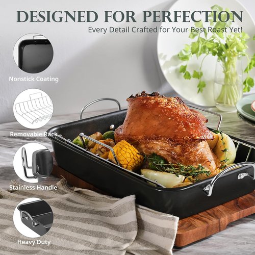 KITESSENSU Nonstick Roasting Pan - Heavy Duty Turkey Roaster with Rack, 15 x 11 Inch, Gray
