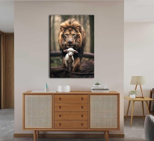 Framed Lion and Lamb Canvas Wall Art | Christian Jesus Lion King Poster for Living Room & Bedroom Decor