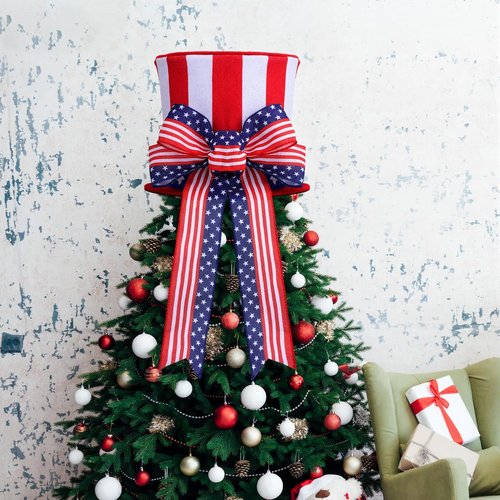 Soaoo 4th of July Tree Topper Large Patriotic Red White and Blue Hat with Striped Wreath Bow Patriotic Tree Decorations for Indoor Outdoor Independence Day Memorial Day Decor