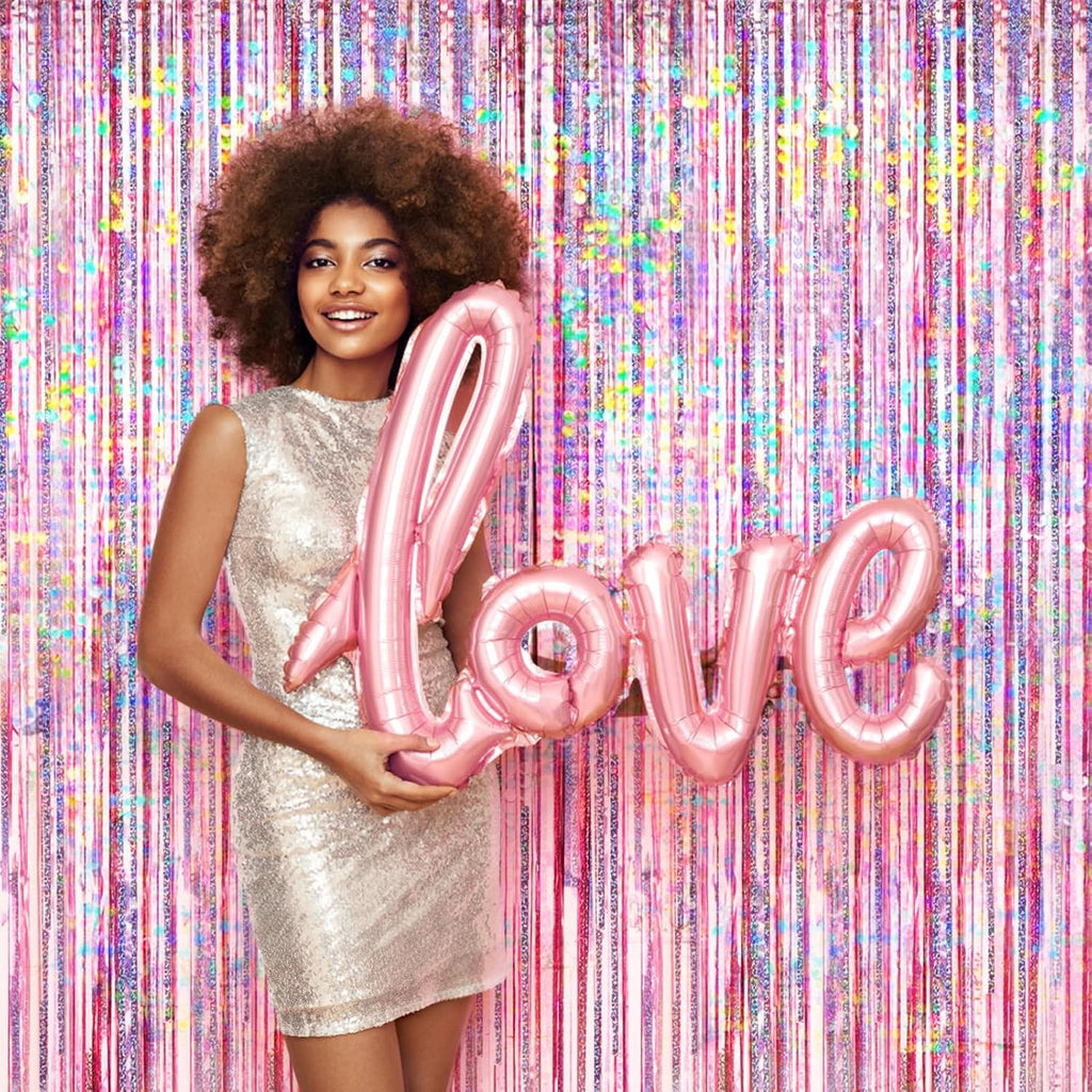 Pink Foil Fringe Curtain by [Brand Name] - 4 Packs of Glitter Metallic Tinsel Backdrop for Parties
