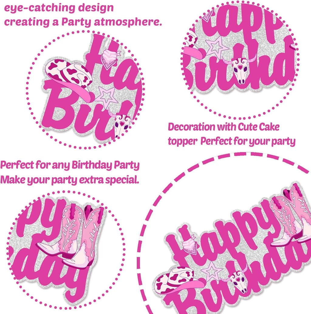 Skiennix Disco Cowgirl Cake Topper - Hot Pink Western Birthday Decoration for Women | Retro Rodeo Theme