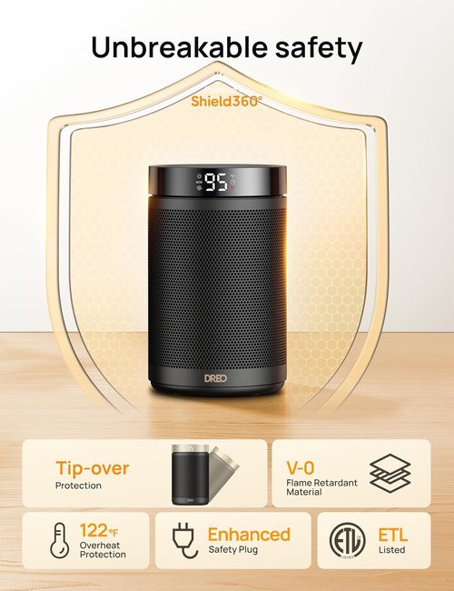 DREO Portable Electric Space Heater - 1500W Fast Heating with Thermostat & Timer | Black
