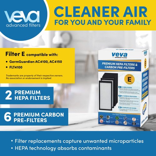 Veva HEPA Filter E Replacement (2 Pack) Compatible with Germ Guardian Air Purifier AC4100 / FLT4100. Pack of 2 HEPA Filters / 6 Carbon Pre-Filters.