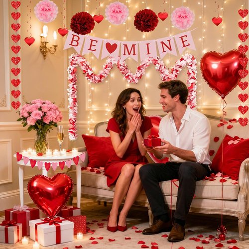 Valentines Day Decorations Set-Assembled Hanging Heart Swirls，BE Mine Banner，Heart Tinsel Garland，Love Heart balloon for Anniversary Wedding Romantic Valentine Party supplies