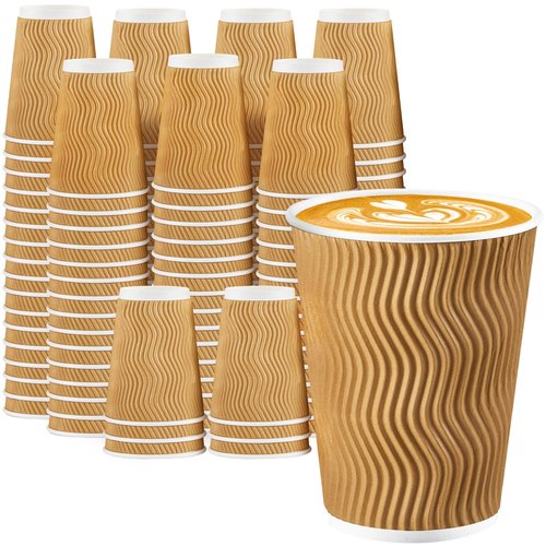 Lamosi Disposable Coffee Cups 12 OZ 100 Pack, Paper Coffee Cups 12 OZ for Hot Drinks or Cold Beverages, Insulated Corrugated Ripple Wall Cup No Lids for Office, Cafe, Home or Travel (Champagne)