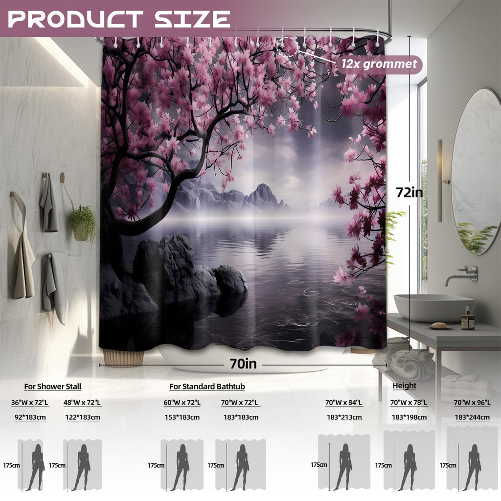 Yieldeer Japanese Shower Curtain Asian Cherry Blossom Bathroom Decor Mountain Bath Curtain, Waterproof Cloth Fabric with Hooks, 70x72 inch