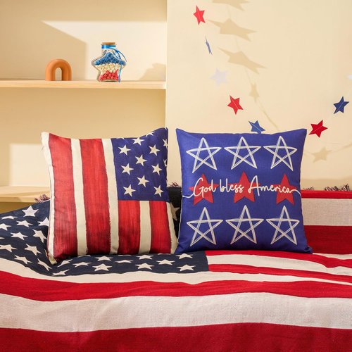Hongsome Throw Pillow Covers - Patriotic 18x18 Inch Set of 4 for Independence Day & Memorial Day | Red, White & Blue