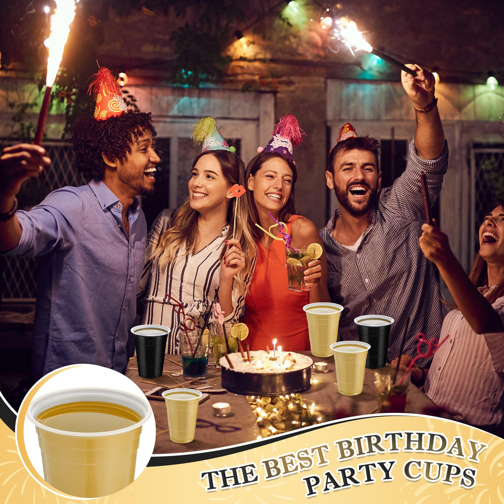 Sunnychicc 100 Pcs 16 oz Plastic Cups Disposable Party Cups Coffee Cup Heavy Duty Drinking Cup for Valentine Galentine Wedding Birthday Holiday Picnic New Year Party Beer Serving (Black,Gold)