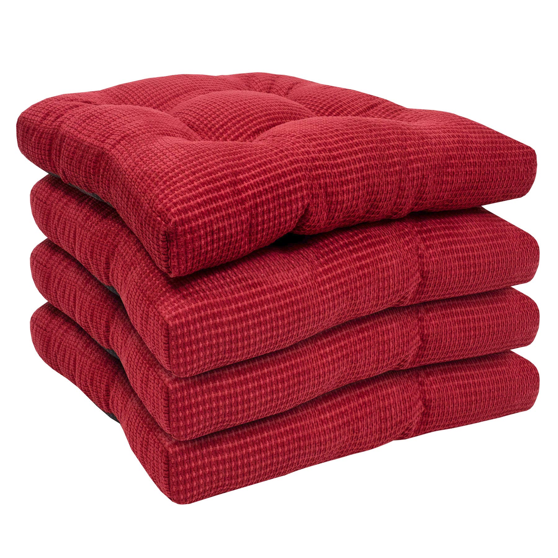 Sweet Home Collection Chair Cushion Crushed Memory Foam Pads Premium Slip Non Skid Microdot Rubber Back Tufted 16" x 16" x 3.25" Thick Seat Cover, 4 Pack, Red, Fluffy Chair Cushion(Pack of 1)