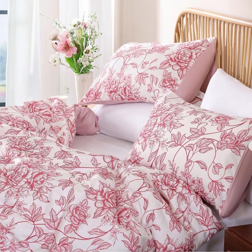 JANZAA Queen Size Comforter Set - Pink Floral Comforter, 3 Piece Cute Floral Bedding for All Season, 1 Soft Fluffy Breathable Microfiber Spring Comforter Set with 2 Pillow Shams