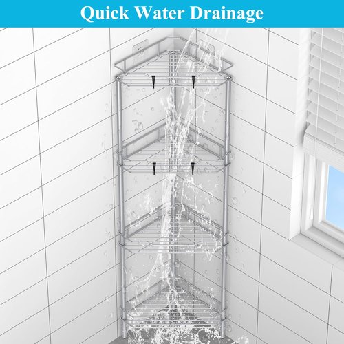 HuggieGems 4-Tier Corner Shower Caddy Organizer - Silver Bathroom Shelf Stand with Hooks