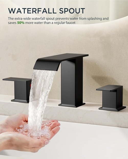 FORIOUS Bathroom Faucet - Matte Black 8-Inch Widespread Waterfall Spout with Pop-Up Drain | Ideal for Vanity & Commercial Use