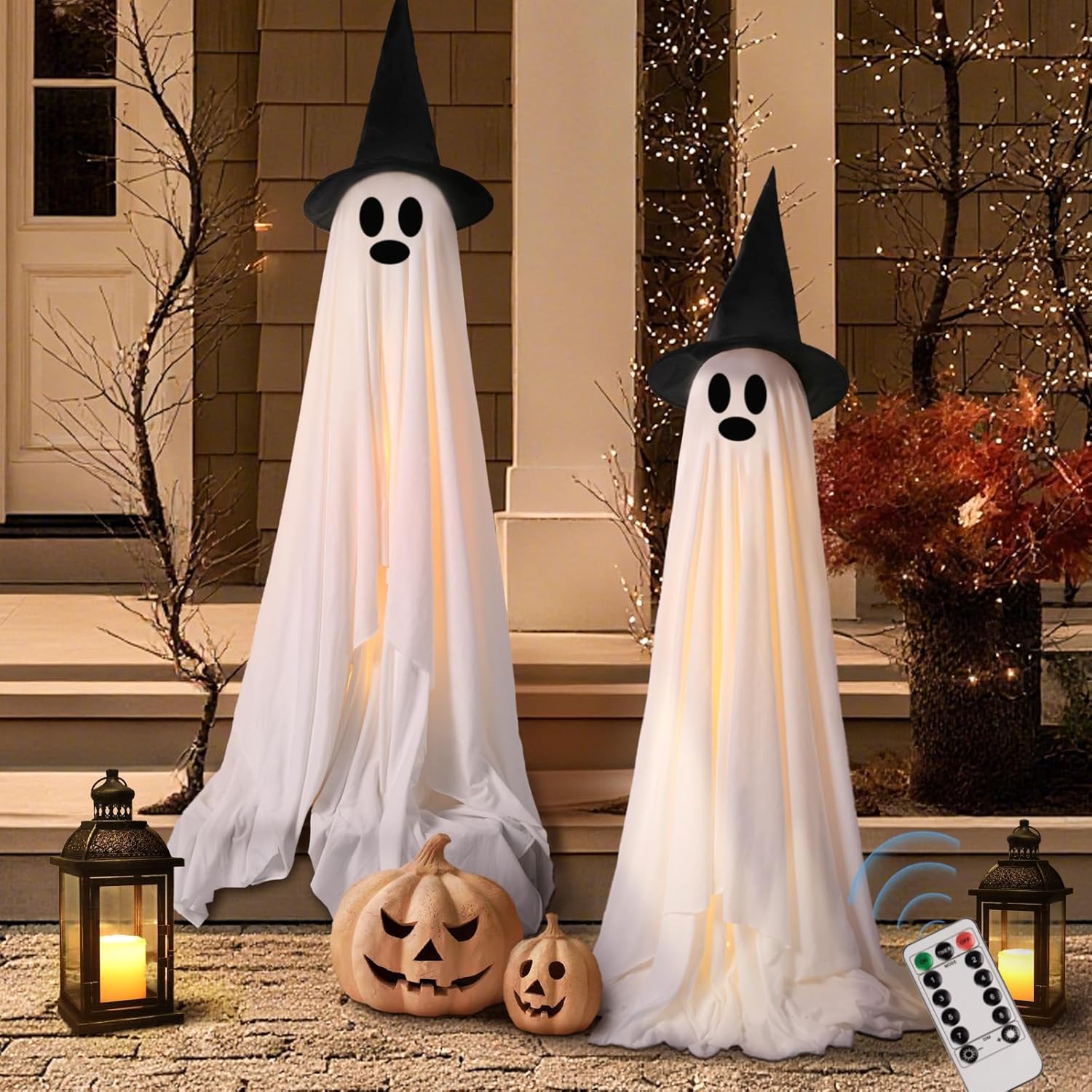 Skiennix Halloween Decorations - Light-Up Spooky Ghosts with LED Strips & Witch Hats | 2 Large Indoor/Outdoor Decor