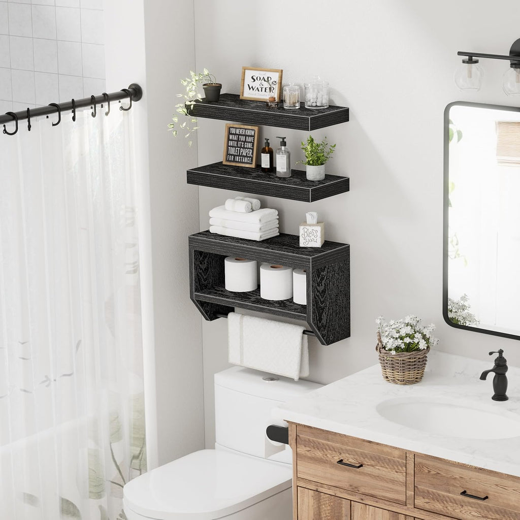 QEEIG Floating Bathroom Shelves - Stylish Wall Storage for Toilet Paper | Set of 3, 16 Inch, Black