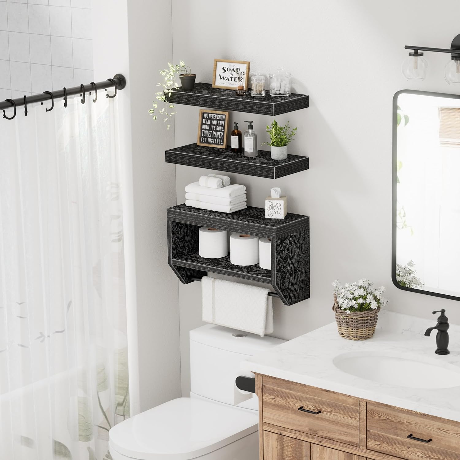 QEEIG Floating Bathroom Shelves - Stylish Wall Storage for Toilet Paper | Set of 3, 16 Inch, Black