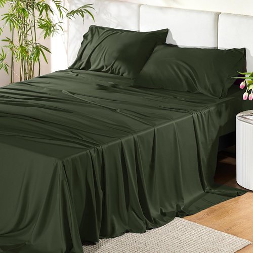 Bedsure King Size Cooling Sheets Set - Breathable Rayon from Bamboo, Soft & Silky, Deep Pocket Olive Green